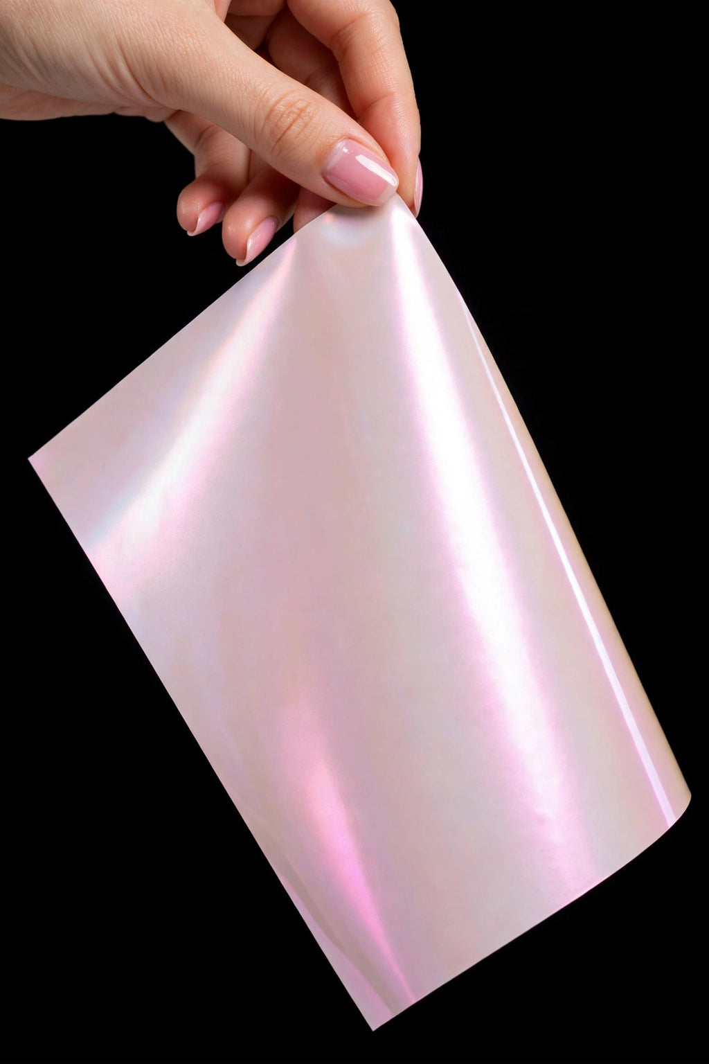 Super Gloss Pearl White Pink vinyl wrap film sheet held in hand