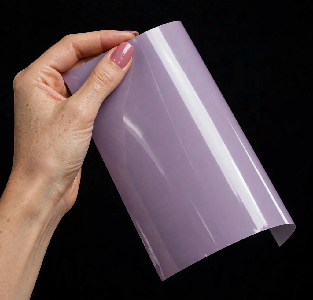 Super Gloss MIst purple vinyl wrap film sheet held in hand