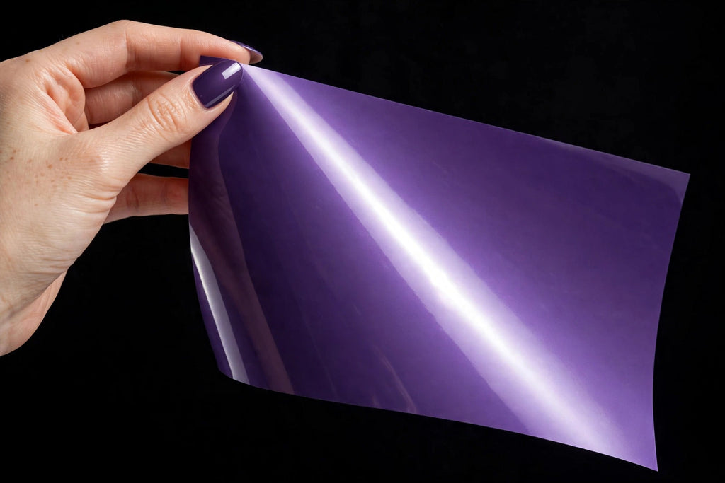Super Gloss Rosemary Violet vinyl wrap film sheet held in hand