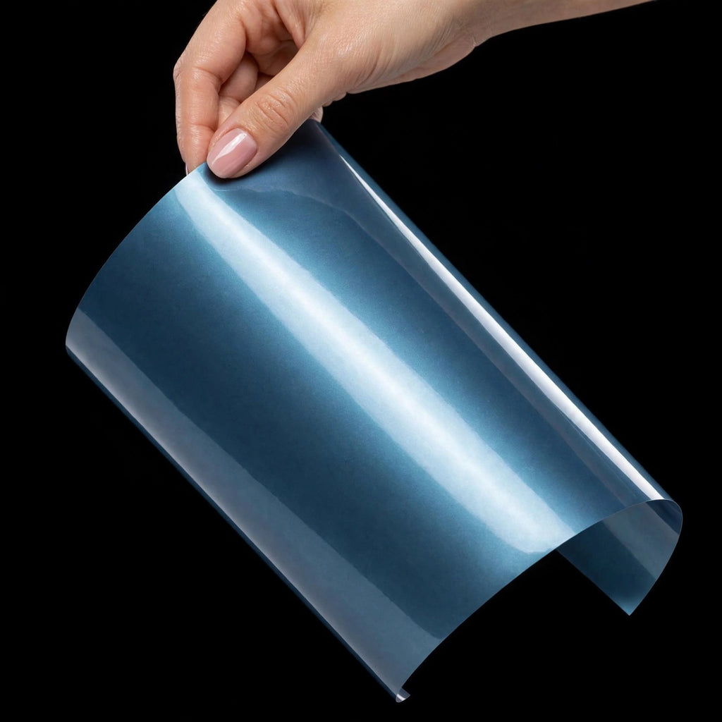 Super Gloss Liquid Somato Blue vinyl wrap film sheet held in hand