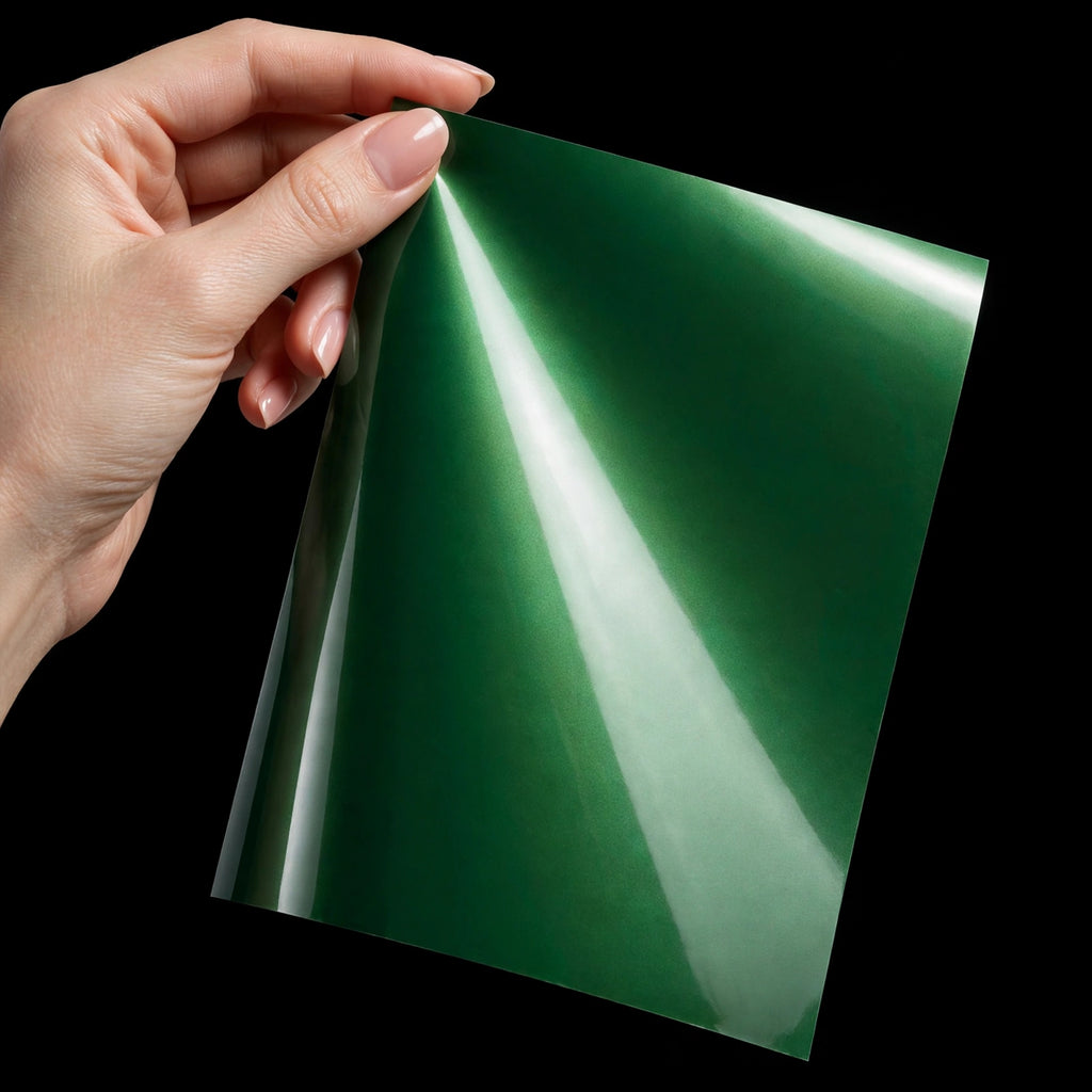Super Gloss Aurora Jade Green vinyl wrap film sheet held in hand