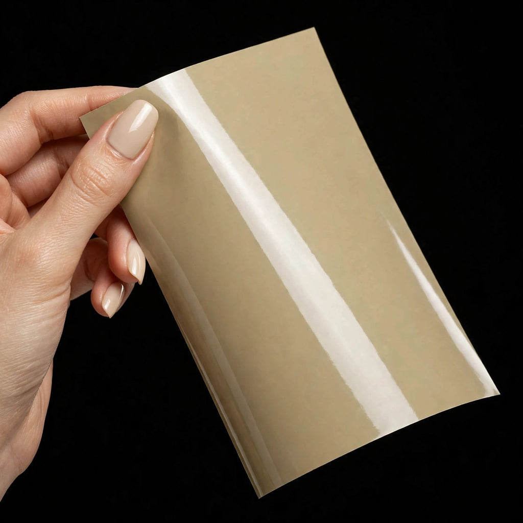 Super Gloss Khaki Cream vinyl wrap film sheet held in hand