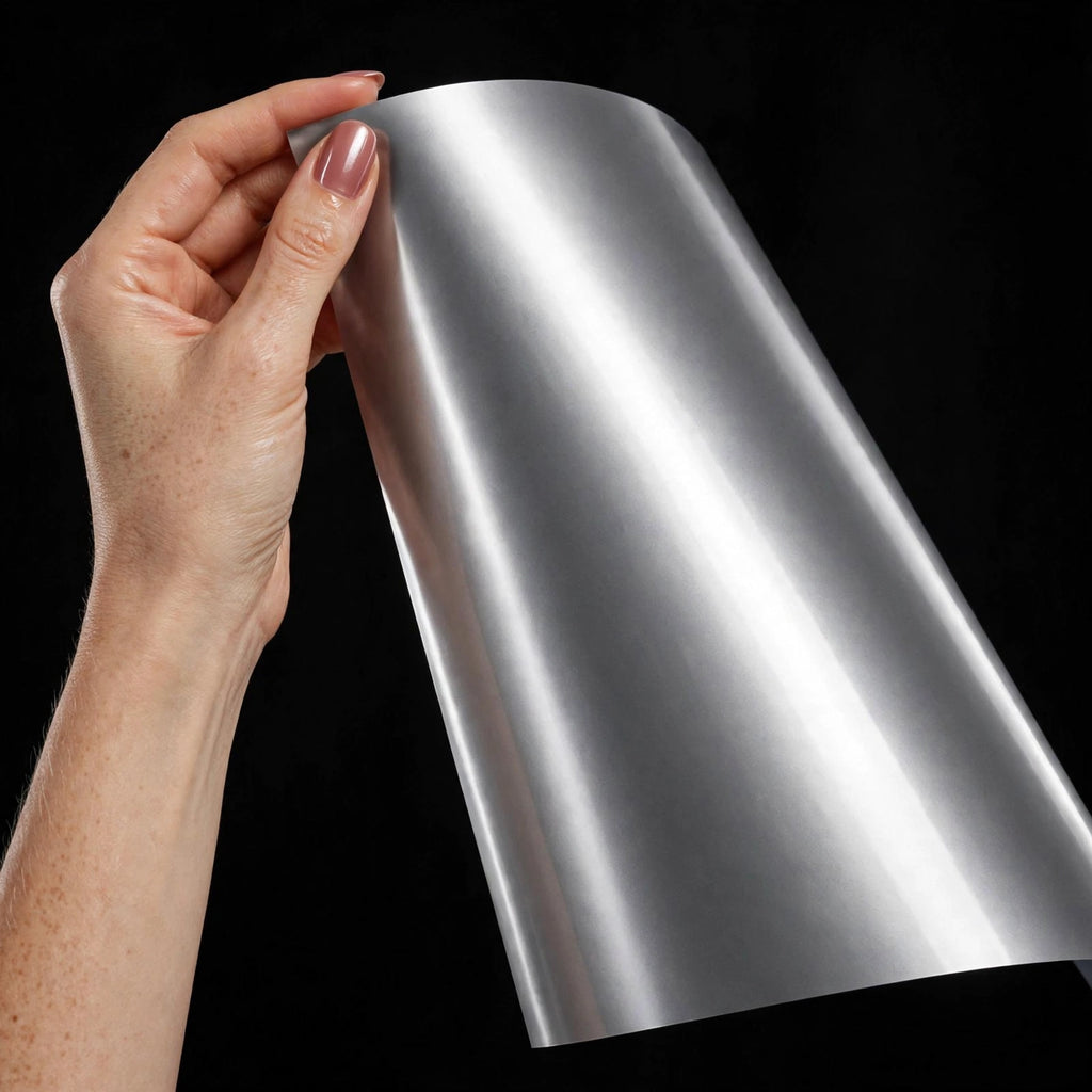 Super Gloss Flowing Galaxy Silver vinyl wrap film sheet held in hand