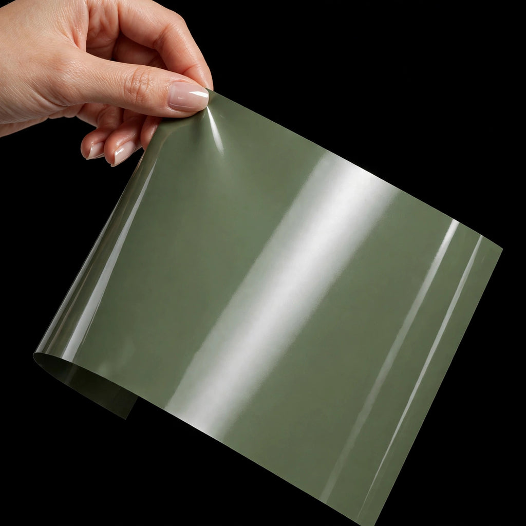 Super Gloss Army Green vinyl wrap film sheet held in hand