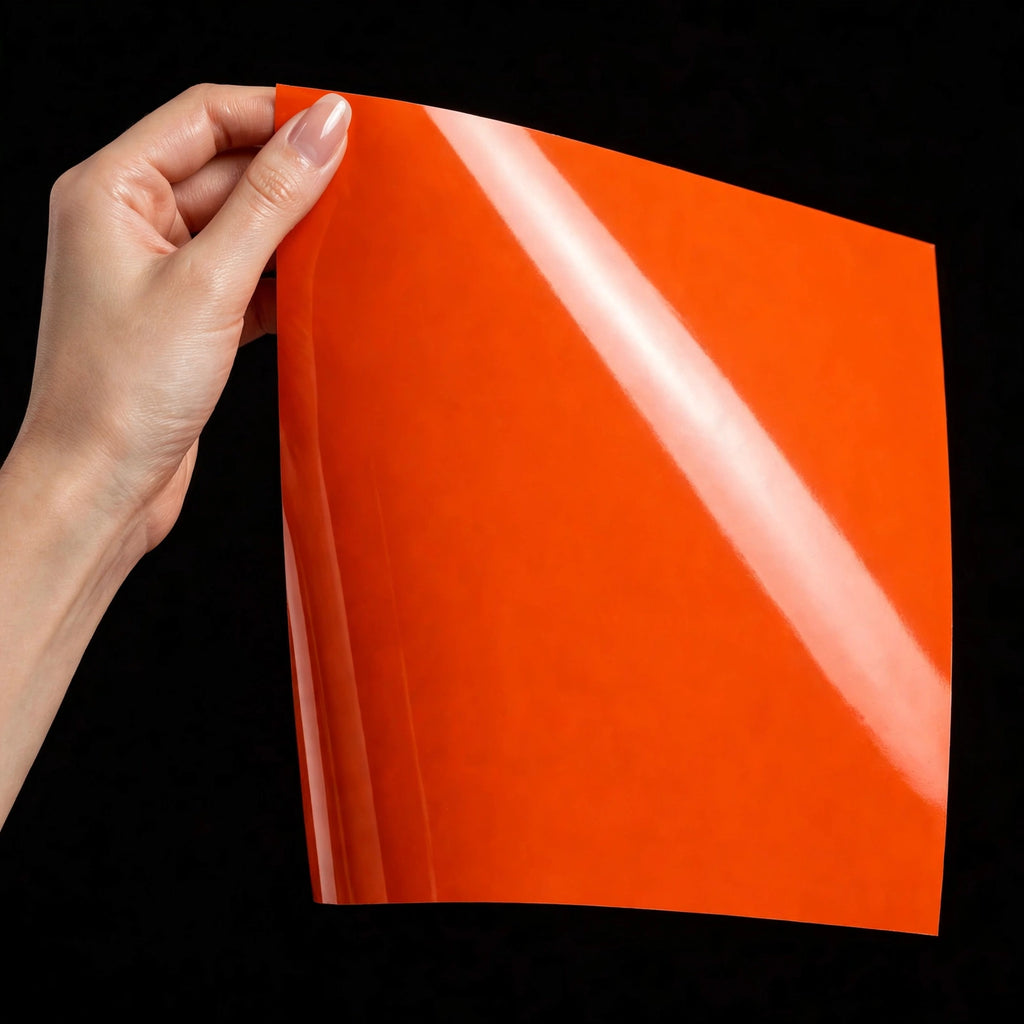 Super Gloss Flame Orange vinyl wrap film sheet held in hand