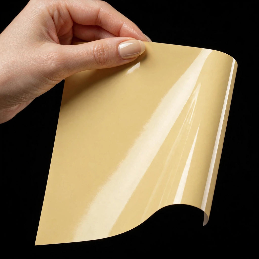 Super Gloss Dune Yellow vinyl wrap film sheet held in hand