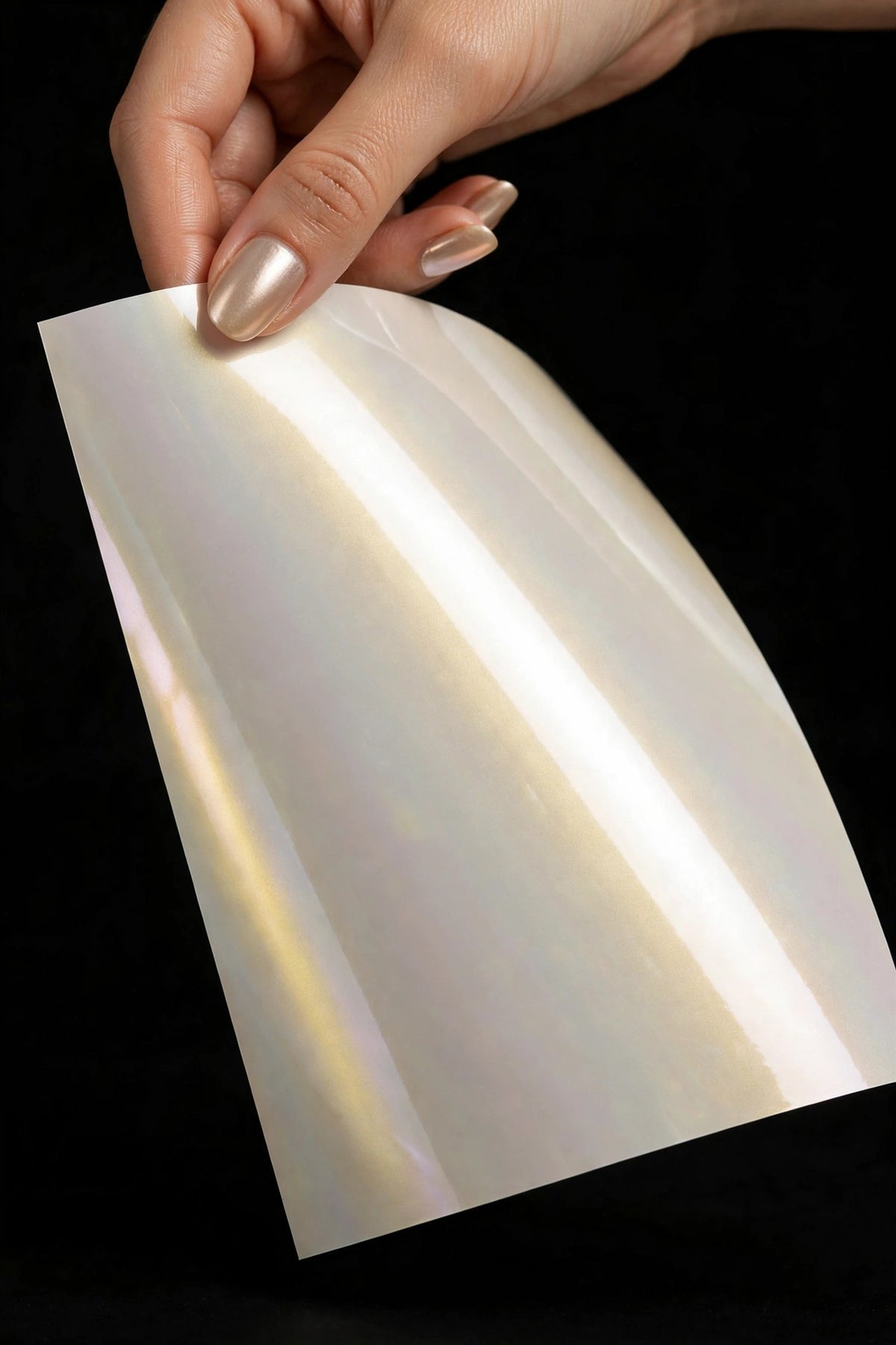 Super Gloss Pearl White Gold vinyl wrap film sheet held in hand