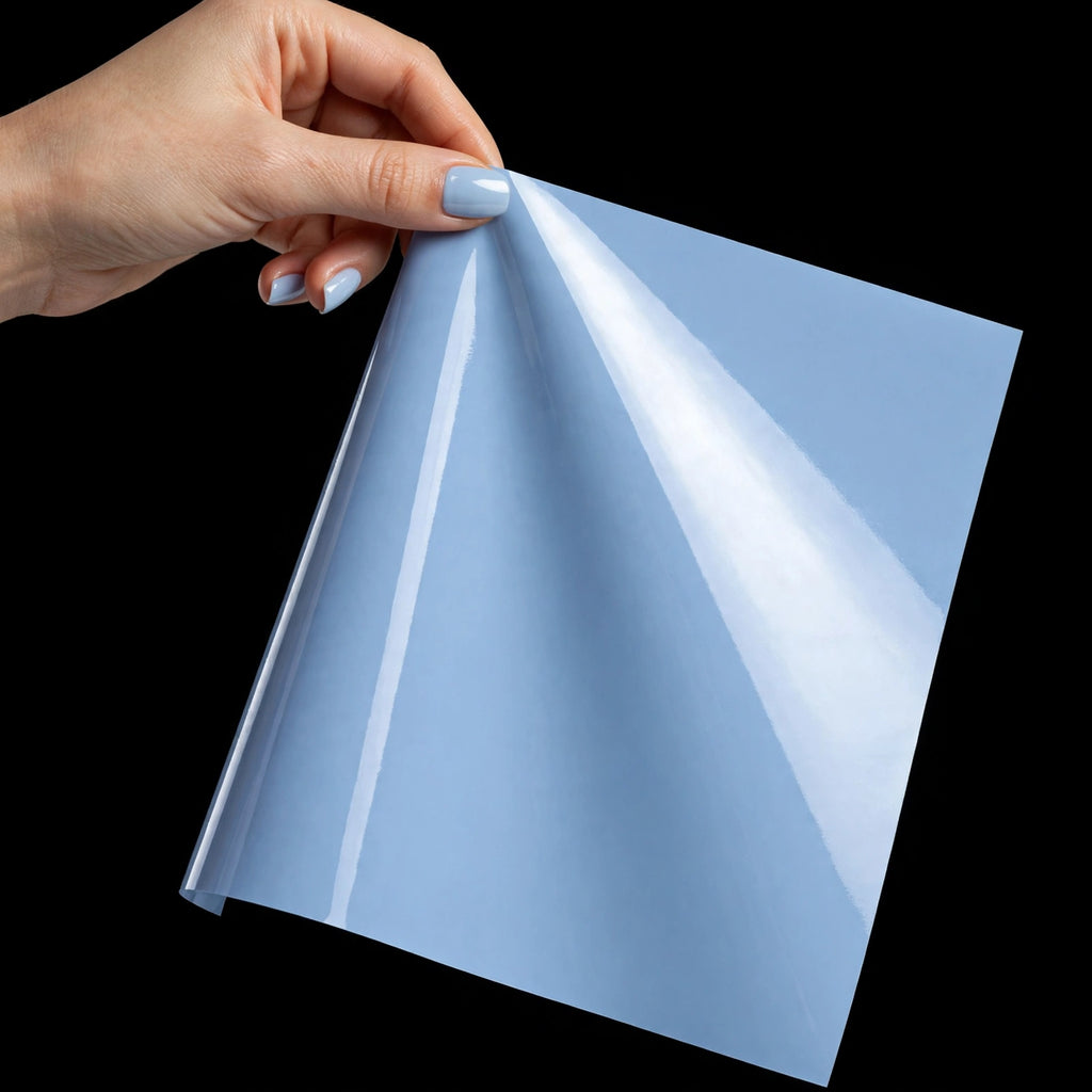 Super Gloss Cloudy Blue vinyl wrap film sheet held in hand