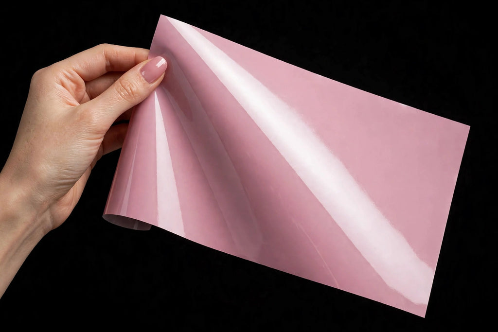 Super Gloss Rosewood Pink vinyl wrap film sheet held in hand