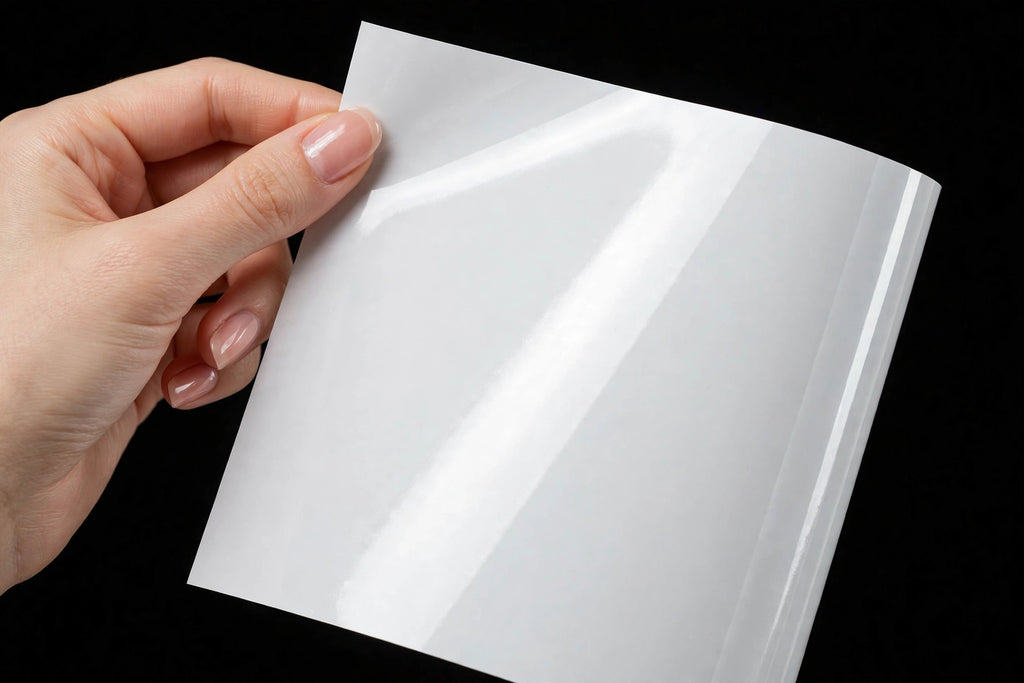 Super Gloss Moonlight White vinyl wrap film sheet held in hand