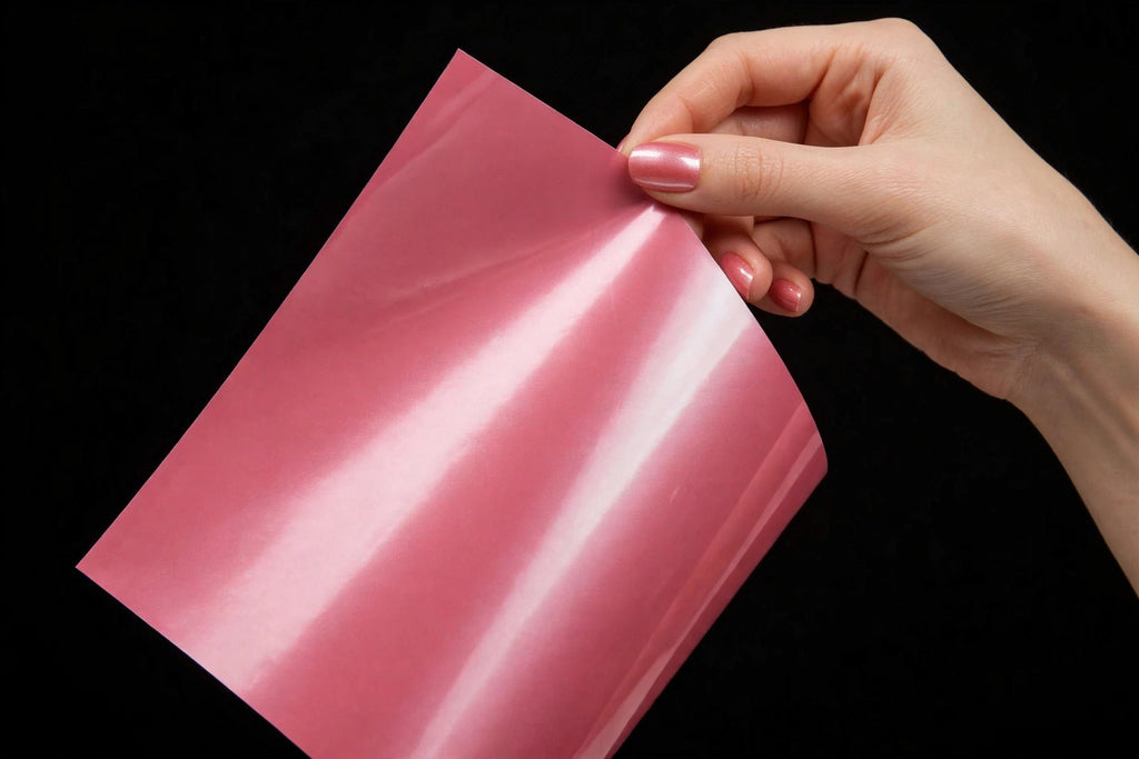 Super Gloss Ume Pink Metallic vinyl wrap film sheet held in hand