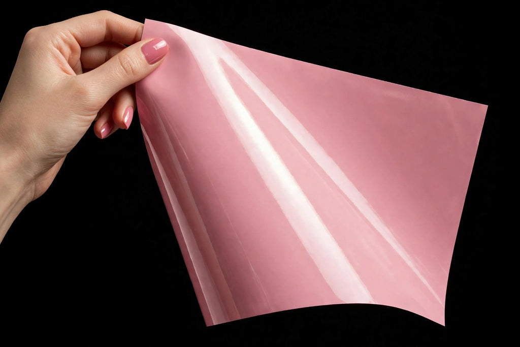 Super Gloss Rouge Pink vinyl wrap film sheet held in hand