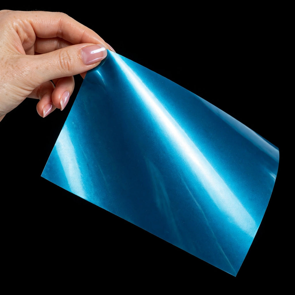 Super Gloss Lake Blue Metallic vinyl wrap film sheet held in hand