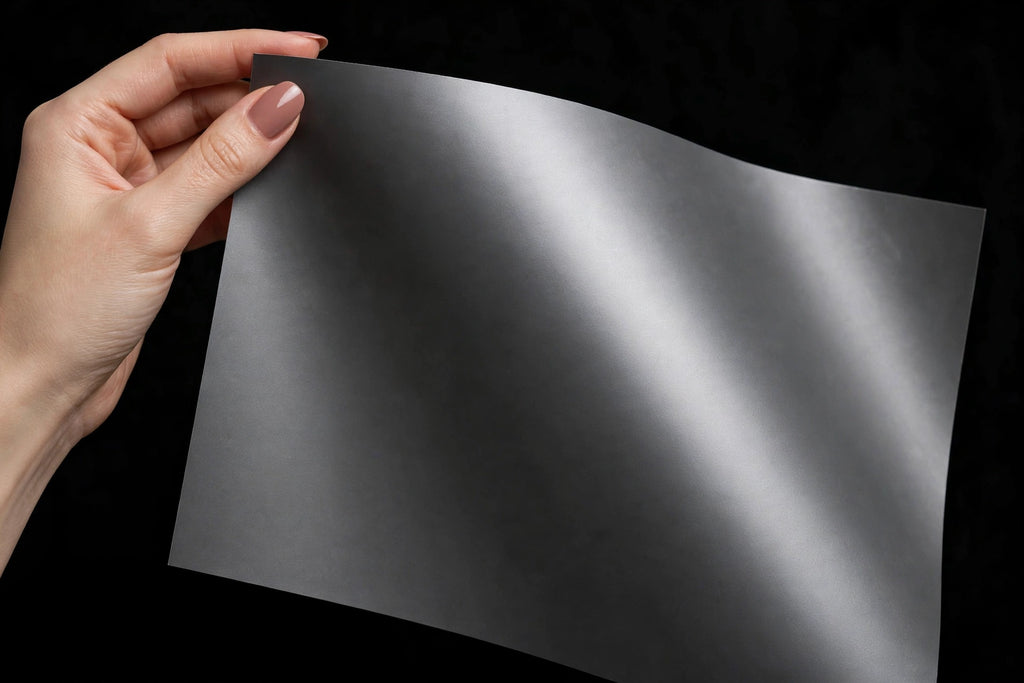 Matte Dark Silver vinyl wrap film sheet held in hand