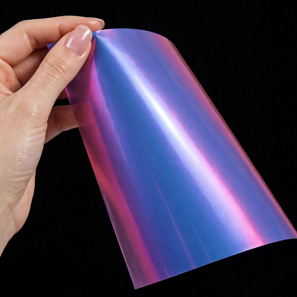 Super Gloss Pearl Blue Red vinyl wrap film sheet held in hand