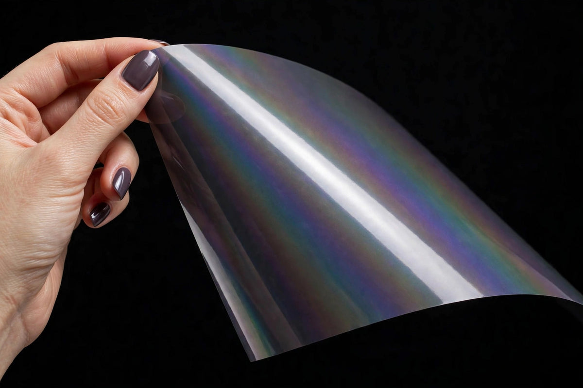 Super Gloss 3D Iridescent Psychedelic Gray vinyl wrap film sheet held in hand