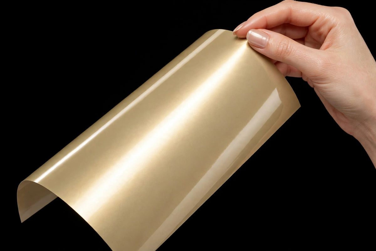 Super Gloss Champagne Gold Metallic(Light) () vinyl wrap film sheet held in hand