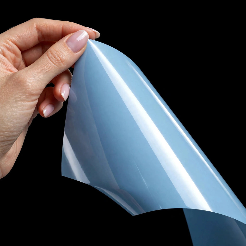 Super Gloss Powder Blue vinyl wrap film sheet held in hand