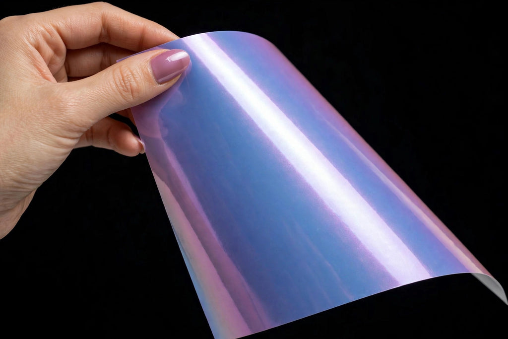 Super Gloss Blue Pink vinyl wrap film sheet held in hand