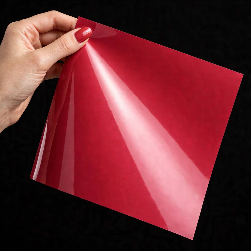 Super Gloss Russet Red vinyl wrap film sheet held in hand