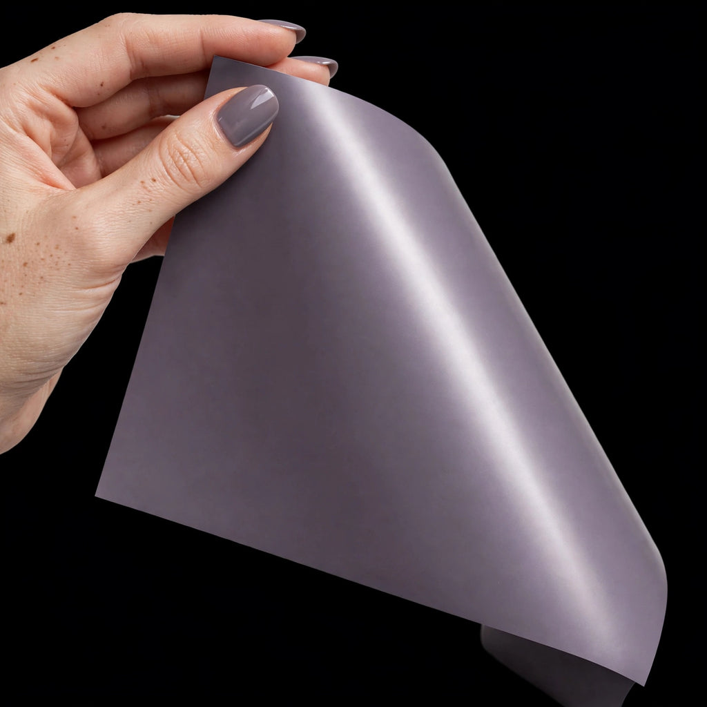 Matte Gray Purple vinyl wrap film sheet held in hand