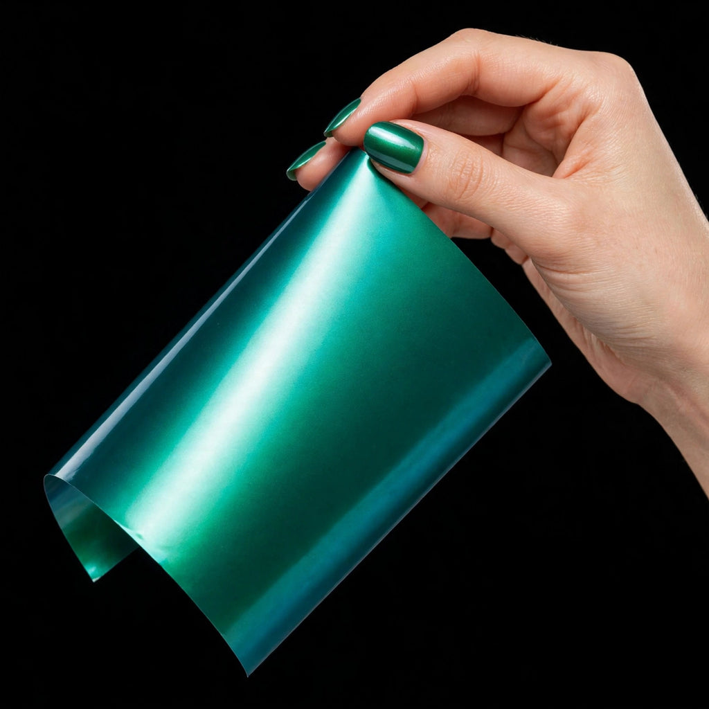 Super Gloss Coral Jade Greenr vinyl wrap film sheet held in hand