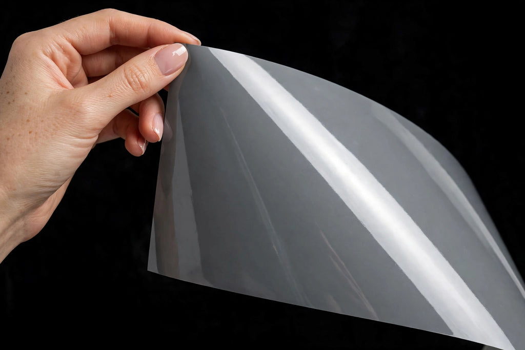 Super Gloss Polar Gray vinyl wrap film sheet held in hand