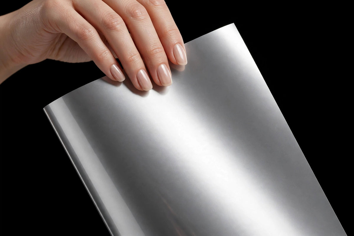 Super Gloss Galaxy Silver vinyl wrap film sheet held in hand