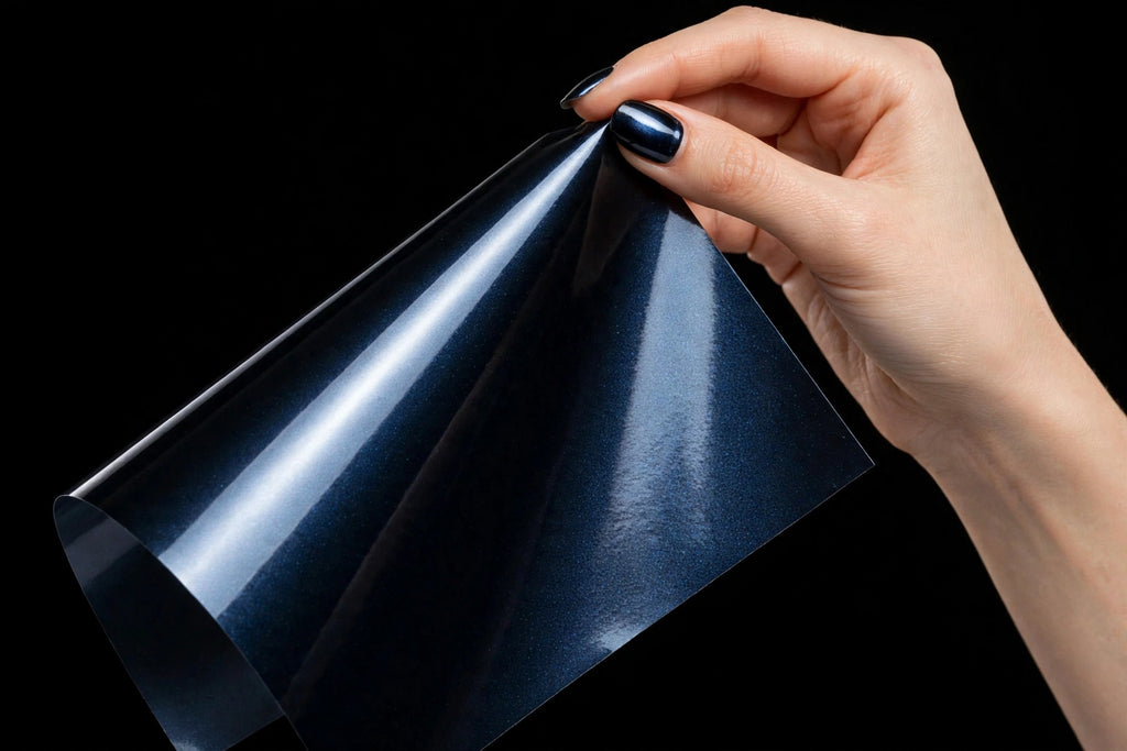 Super Gloss Pearl Black Blue vinyl wrap film sheet held in hand