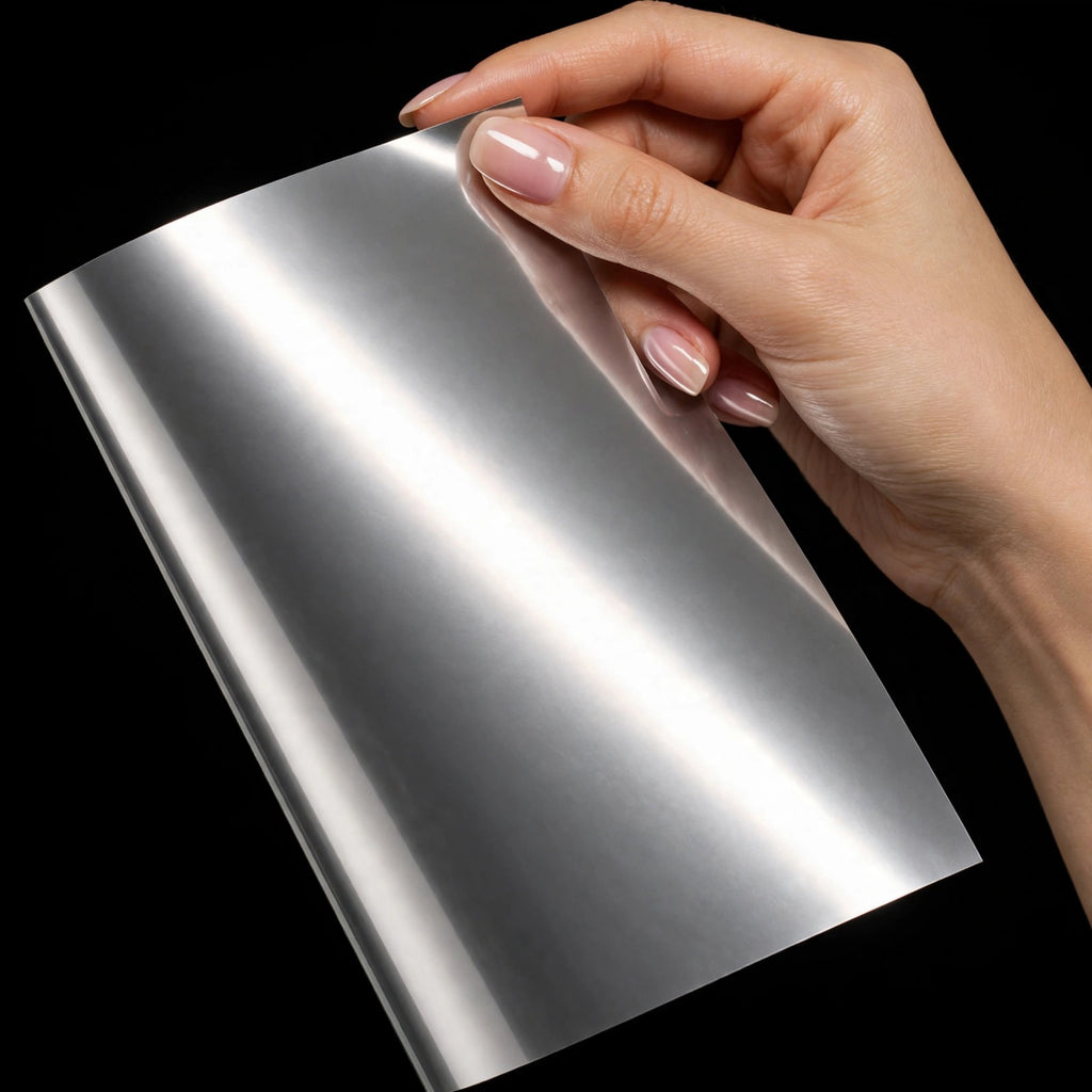 Super Gloss Mercury Silver vinyl wrap film sheet held in hand