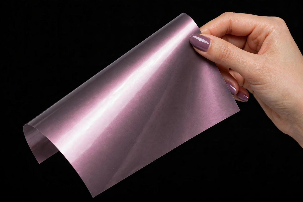 Super Gloss Galaxy Gray Metallic vinyl wrap film sheet held in hand