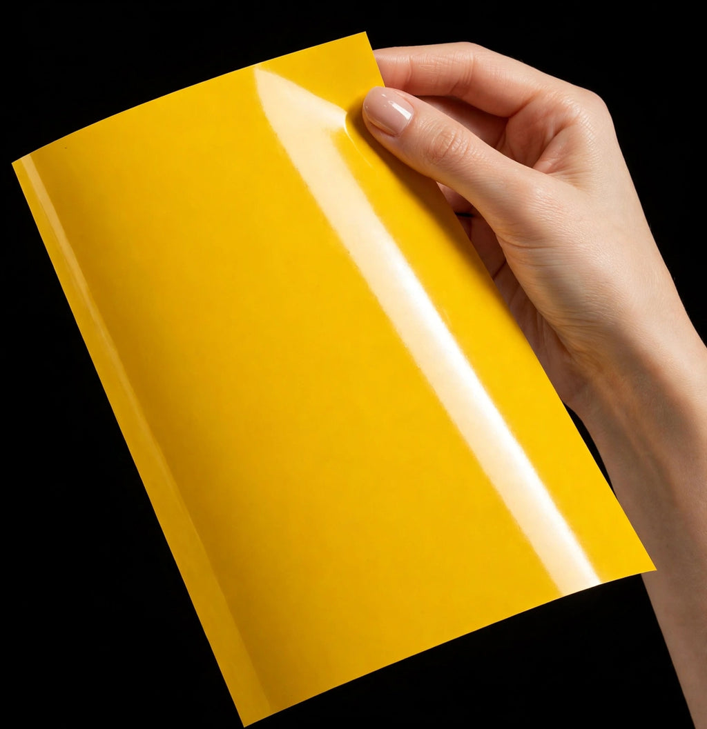 Super Gloss Sunflower Yellow vinyl wrap film sheet held in hand
