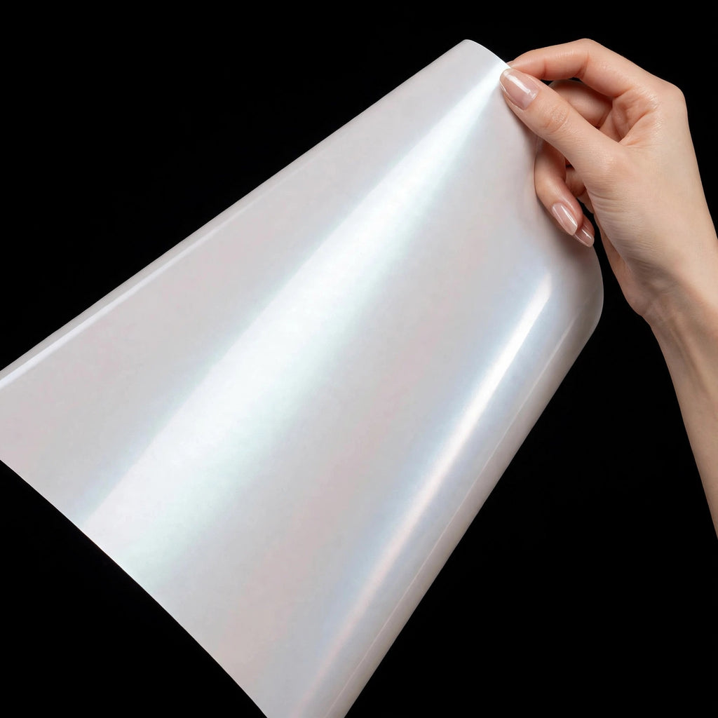 Super Gloss Dawn White vinyl wrap film sheet held in hand