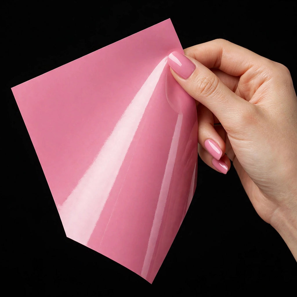 Super Gloss Ume Pink vinyl wrap film sheet held in hand