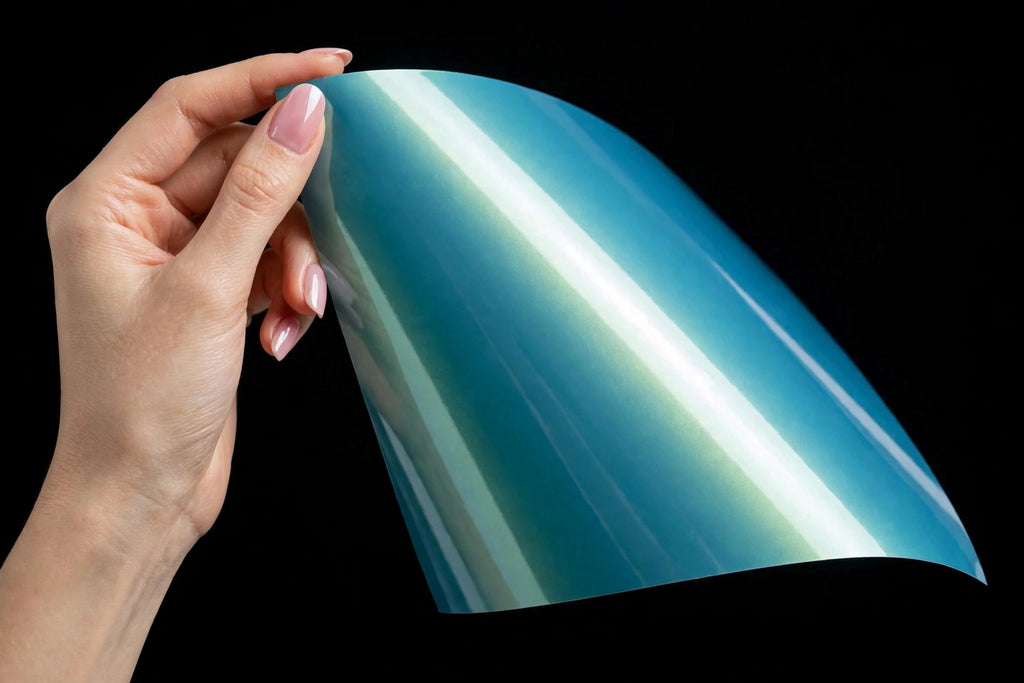 Super Gloss Blue Green vinyl wrap film sheet held in hand