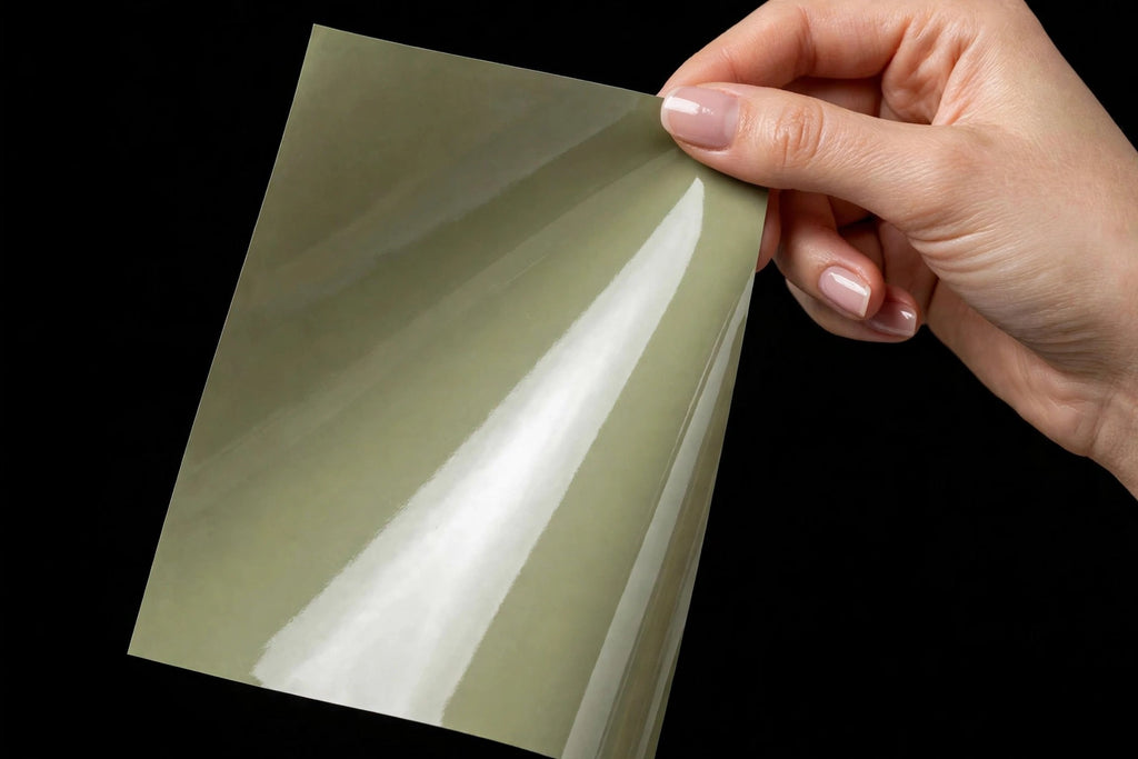 Super Gloss Khaki Green vinyl wrap film sheet held in hand