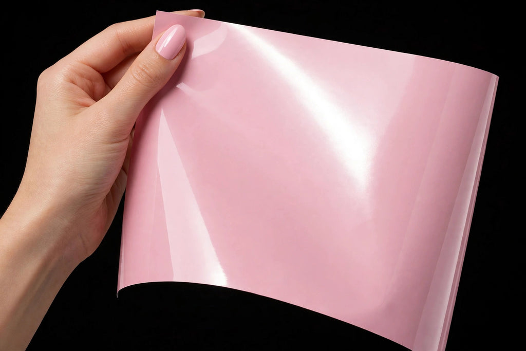 Super Gloss Powder Pink vinyl wrap film sheet held in hand