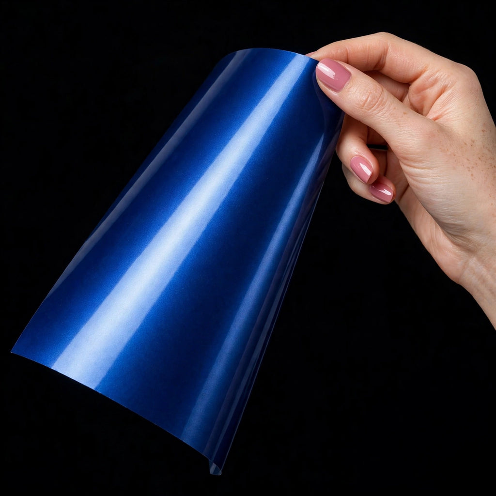 Super Gloss Blueberry Metallic vinyl wrap film sheet held in hand
