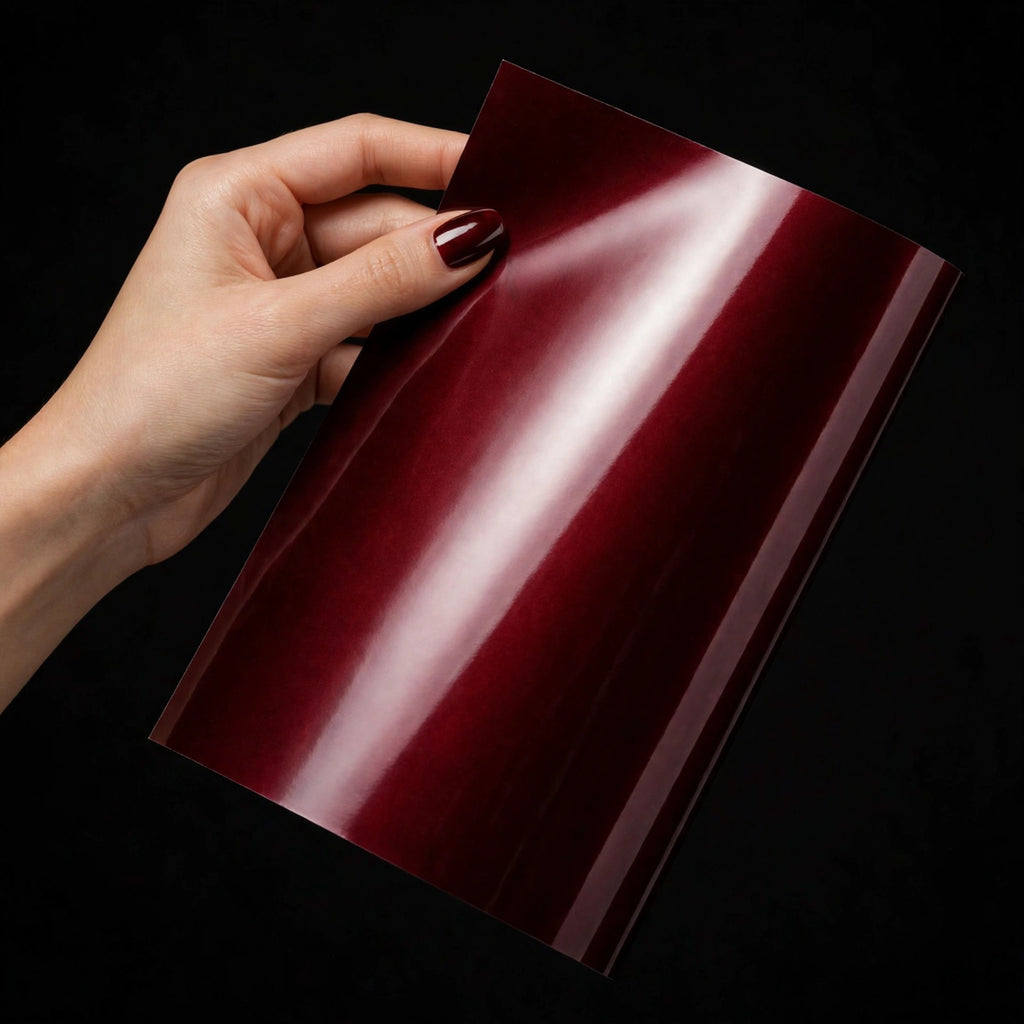 Super Gloss Premium Galaxy Black Red / vinyl wrap film sheet held in hand