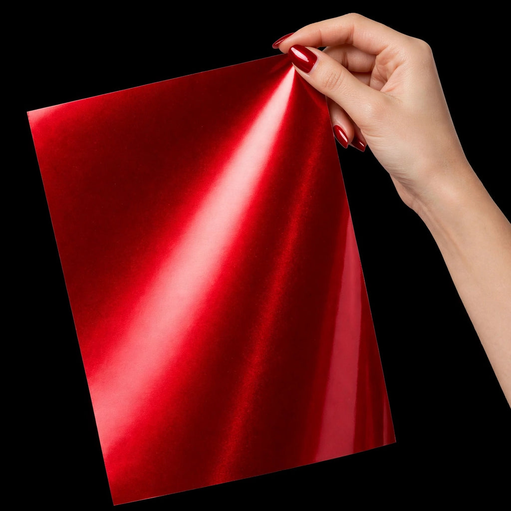 Super Gloss Flame Red Metallic vinyl wrap film sheet held in hand