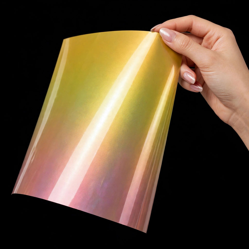 Super Gloss Lemon Honey vinyl wrap film sheet held in hand