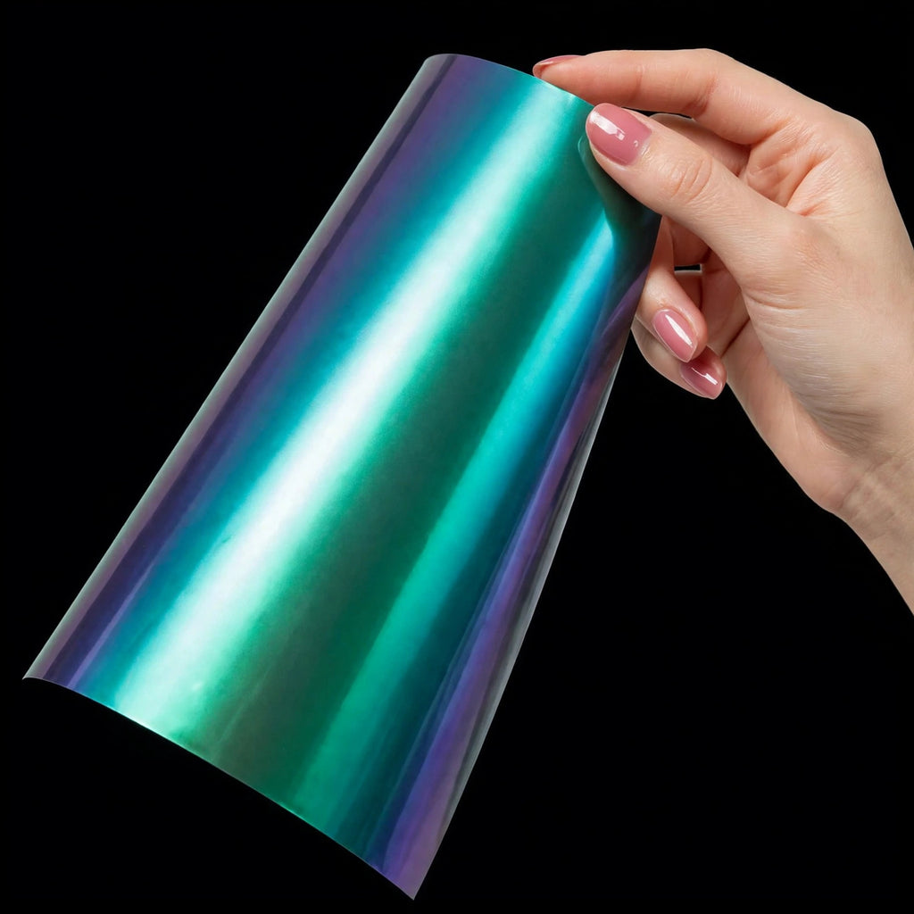 Super Gloss Aurora Green C vinyl wrap film sheet held in hand