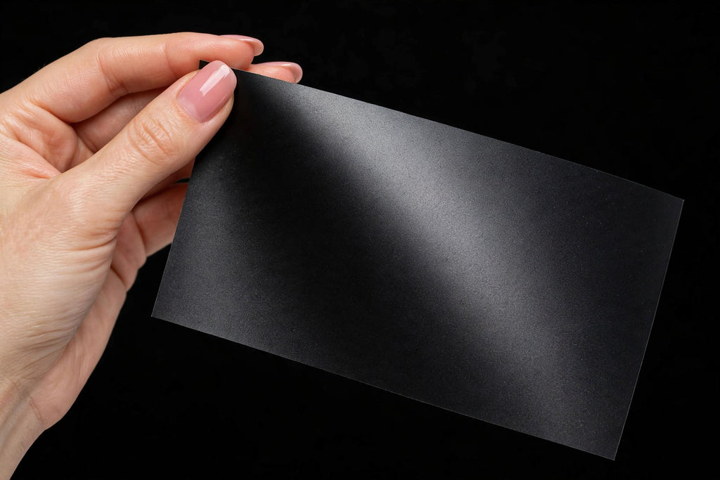 Matte Metallic Black vinyl wrap film sheet held in hand