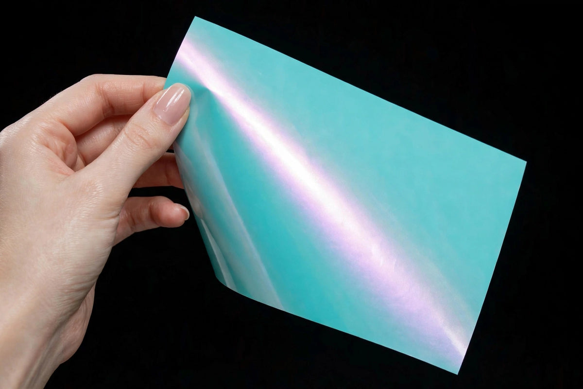 Super Gloss Racing Tiffany vinyl wrap film sheet held in hand