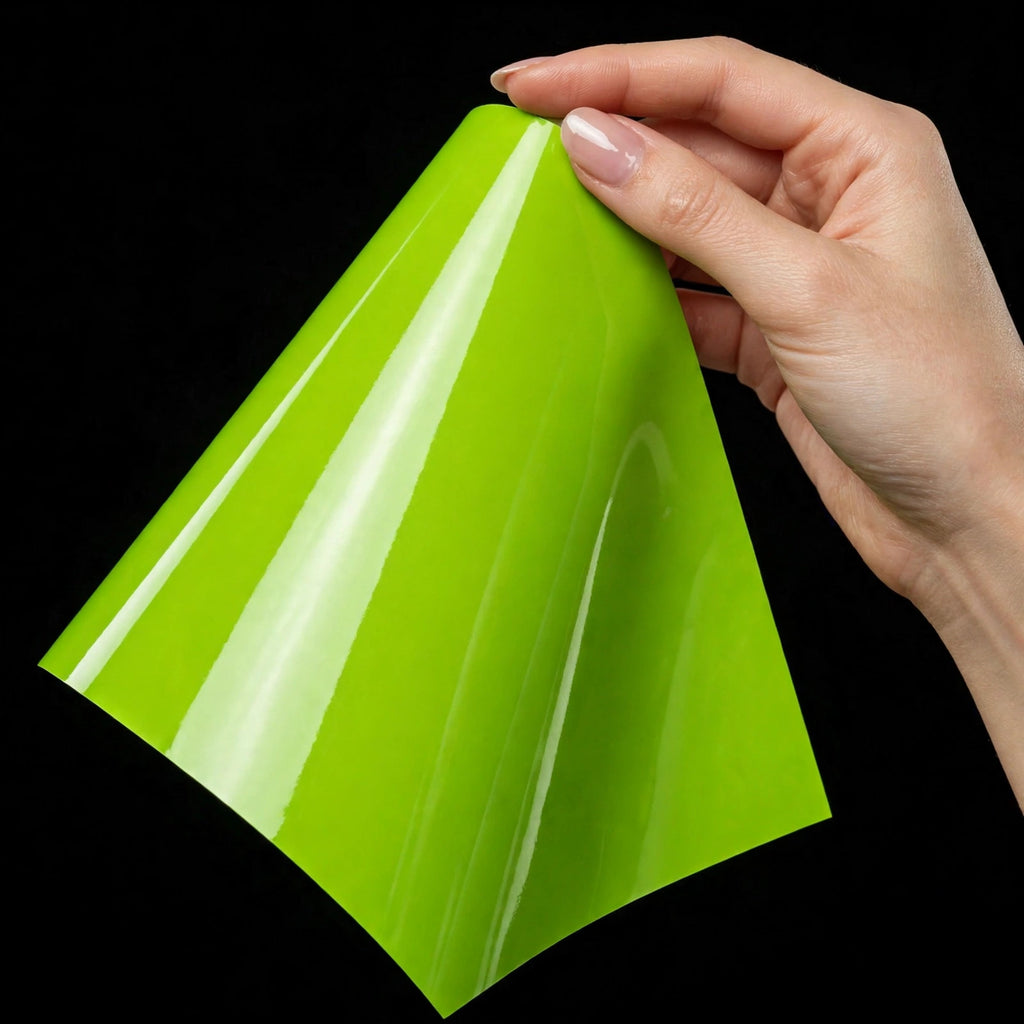 Super Gloss Apple Green vinyl wrap film sheet held in hand