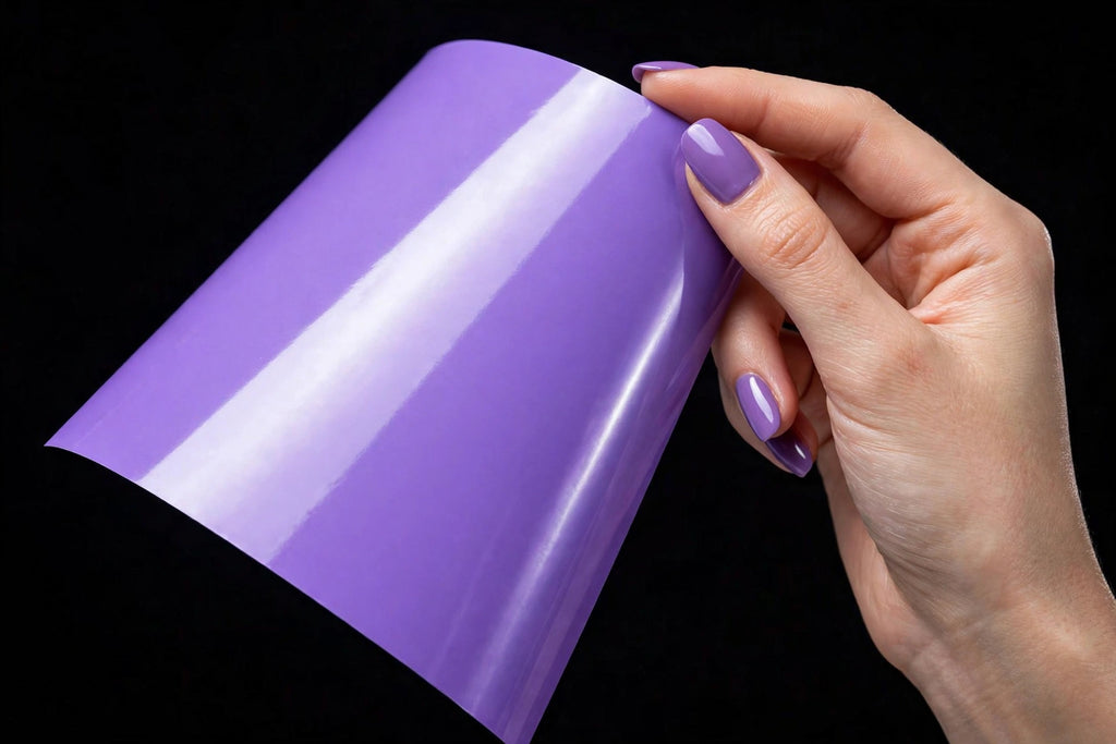 Super Gloss Lavender Purple vinyl wrap film sheet held in hand