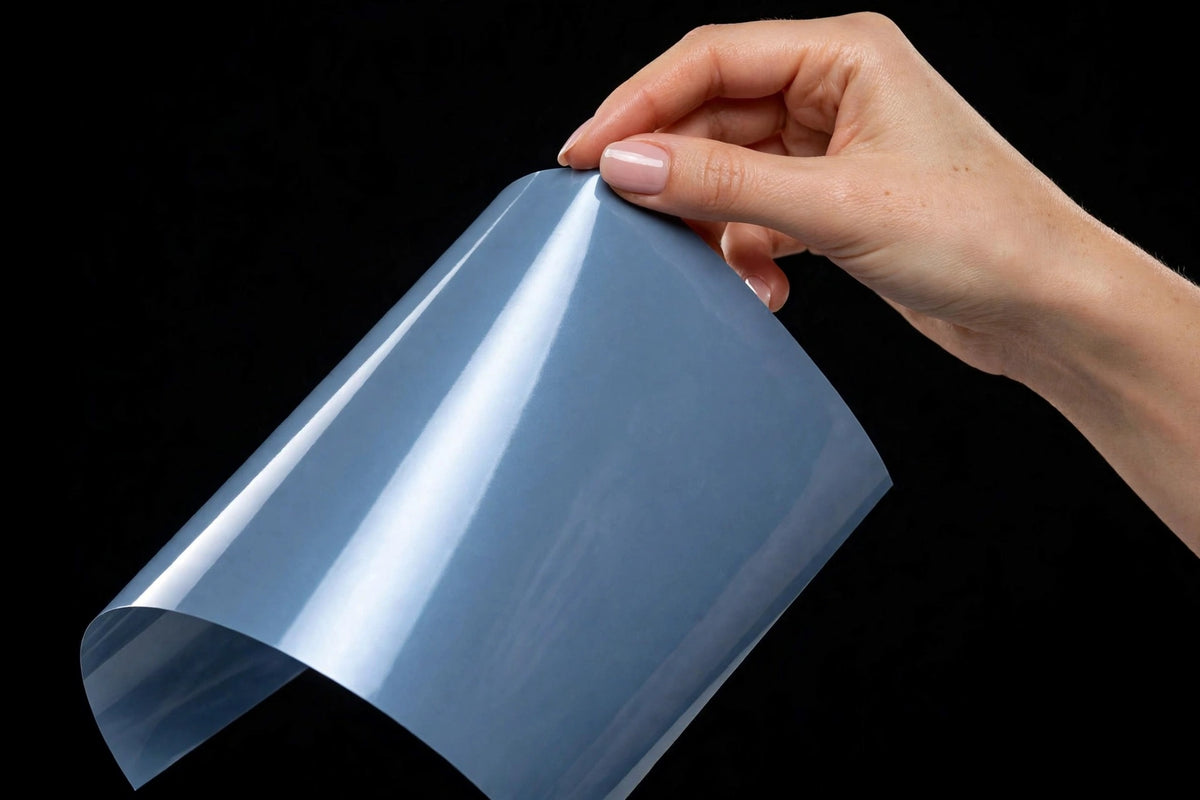 Super Gloss Dream Gray Blue vinyl wrap film sheet held in hand