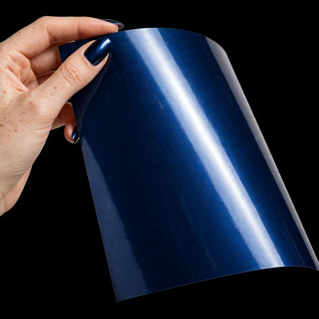 Super Gloss Midnight Blue Metallic vinyl wrap film sheet held in hand