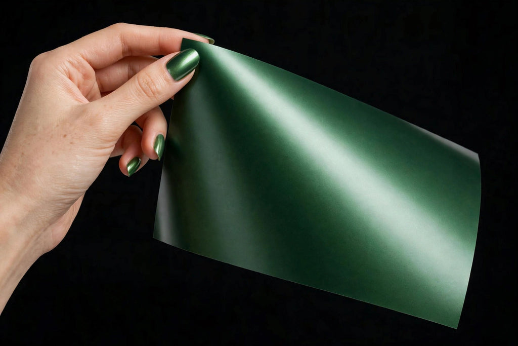 Ultra Matte Chrome Venom Green vinyl wrap film sheet held in hand