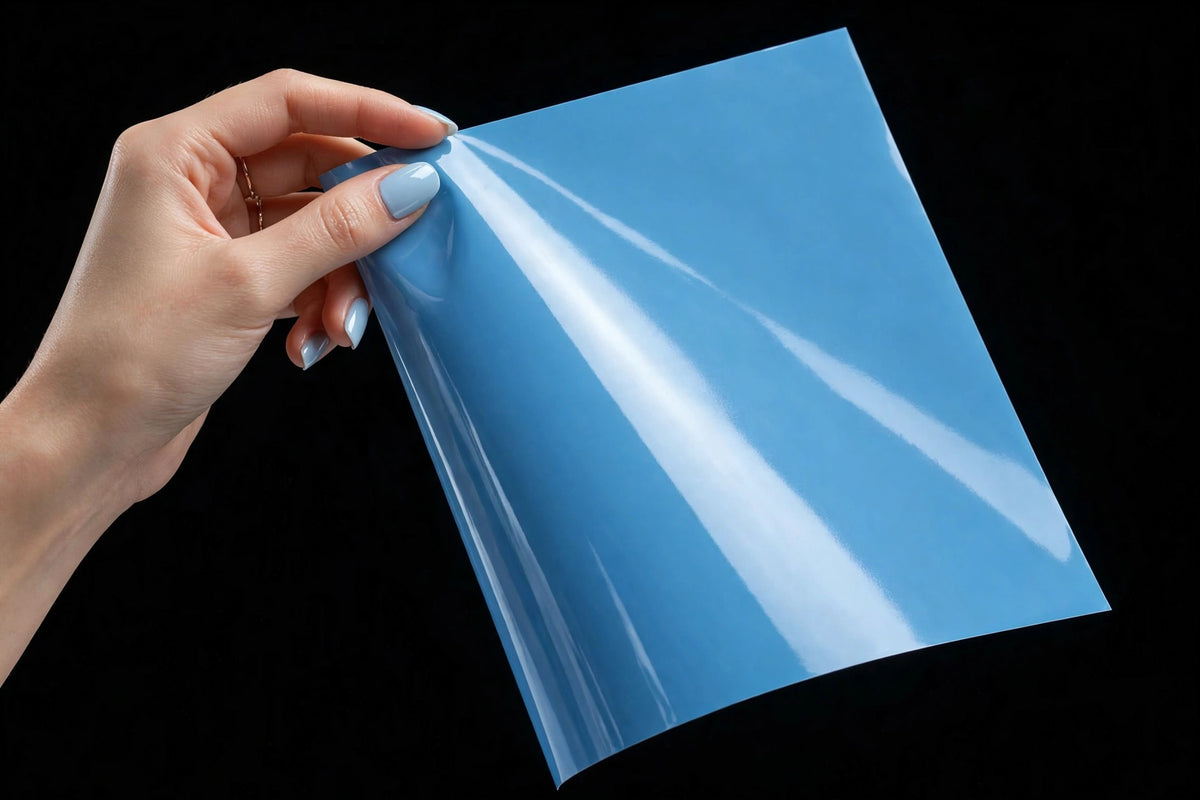 Super Gloss Sly Blue vinyl wrap film sheet held in hand